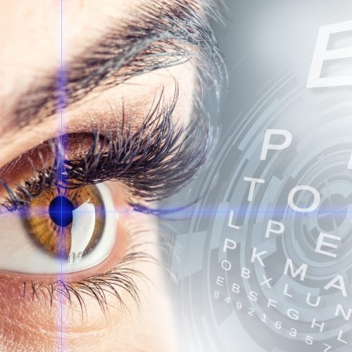Close-up of woman's beautiful female eye and Alphabetical eye test.